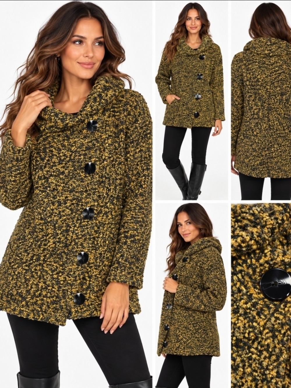 Bouclé Toggle Pea Coat in Mustard Black